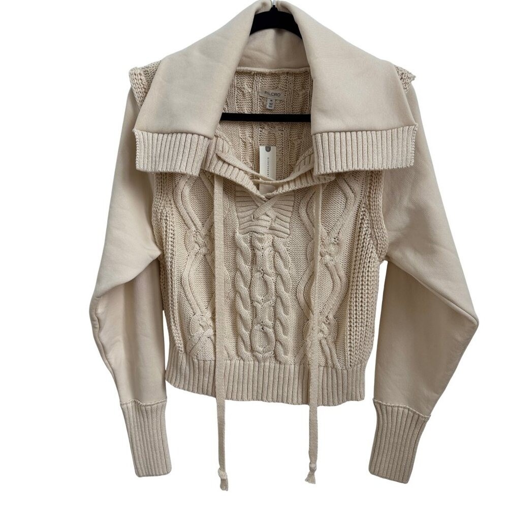 NWT ANTHROPOLOGIE Pilcro Sweater Chunky Cable Knit Collar Women's XS Cream - Picture 3 of 12